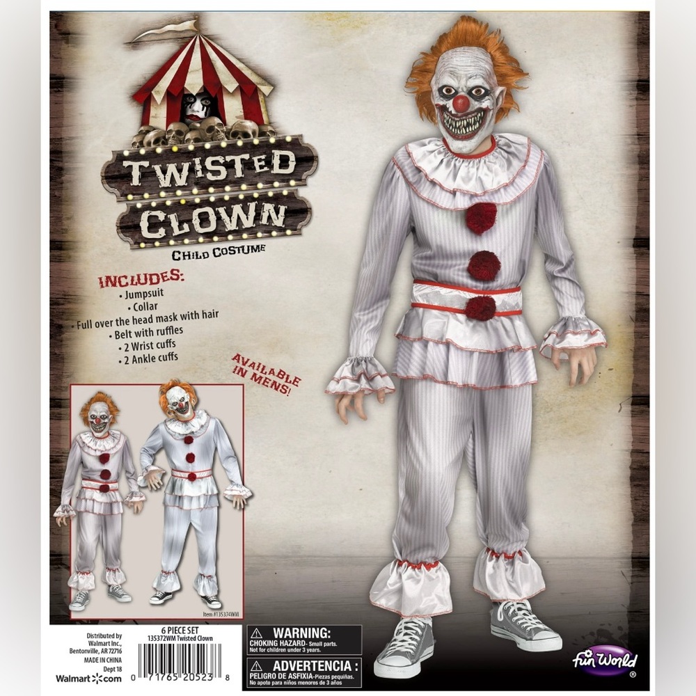 Fun World Twisted Clown Halloween Costume Child Small 6-7 New